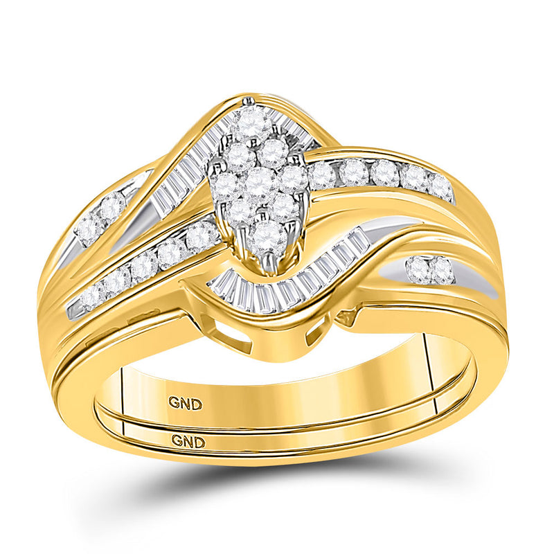 14kt Yellow Gold Round Diamond Cluster Bridal Wedding Ring Band Set 1/2 Cttw