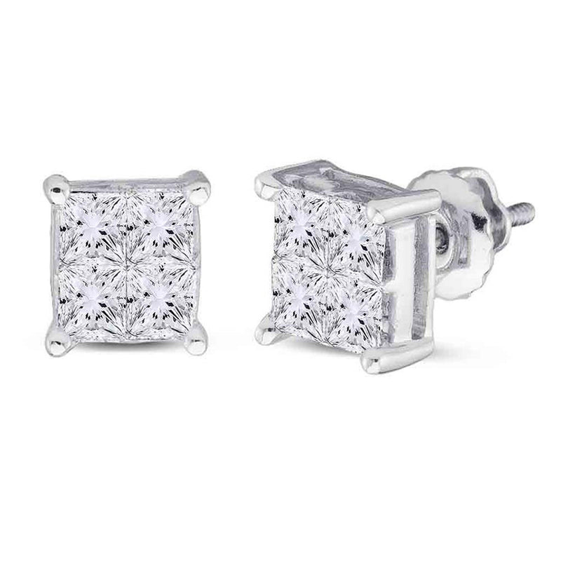 14kt White Gold Womens Princess Diamond Square Cluster Stud Earrings 1 Cttw