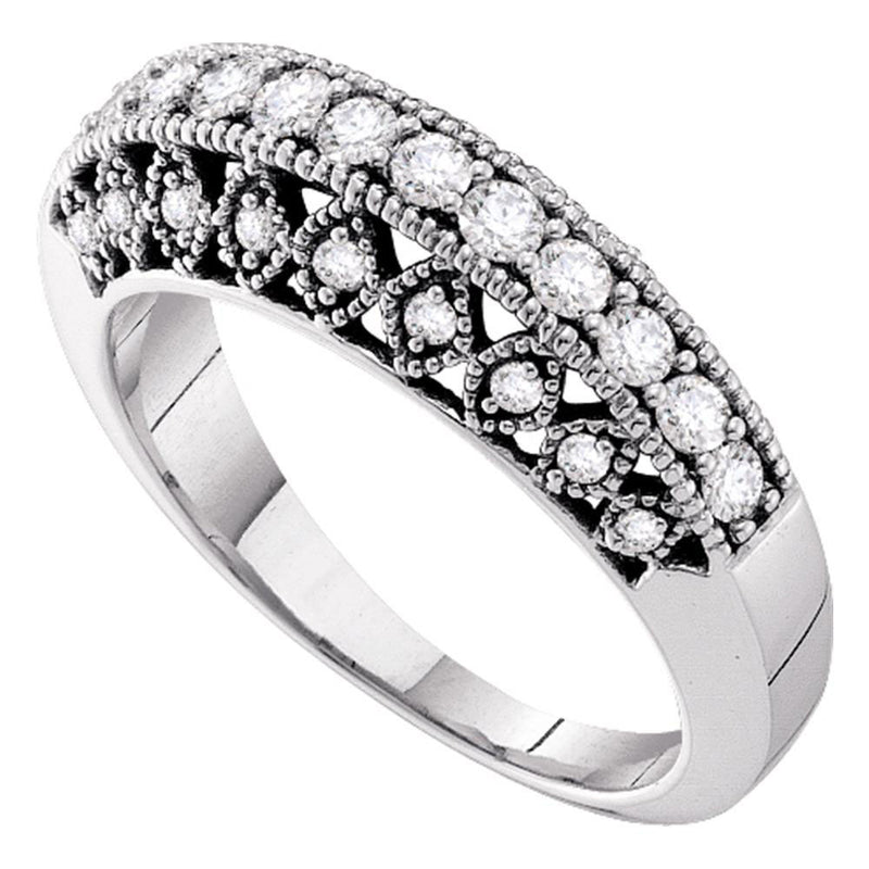 14kt White Gold Womens Round Diamond Single Row Milgrain Band Ring 1/2 Cttw