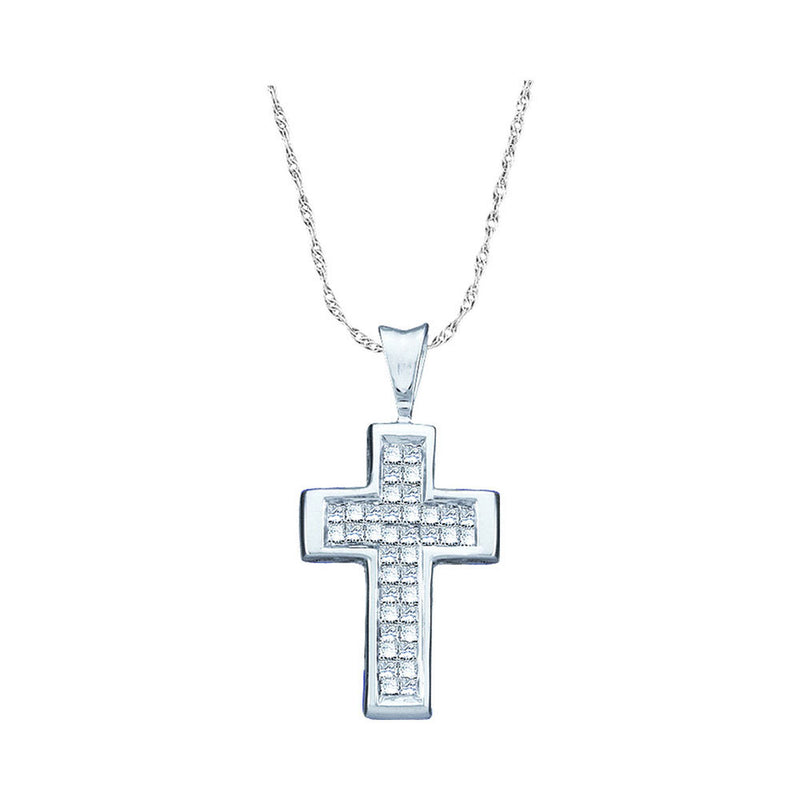 14kt White Gold Womens Princess Diamond Cross Religious Pendant 1/4 Cttw