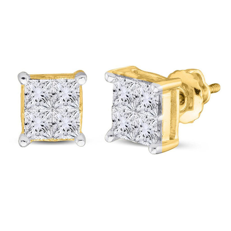 14kt Yellow Gold Womens Princess Diamond Square Cluster Stud Earrings 1 Cttw