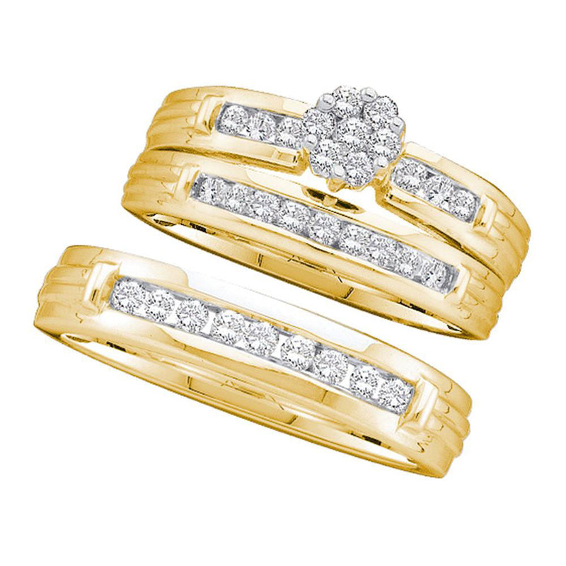 14kt Yellow Gold His Hers Round Diamond Cluster Matching Wedding Set 1/2 Cttw