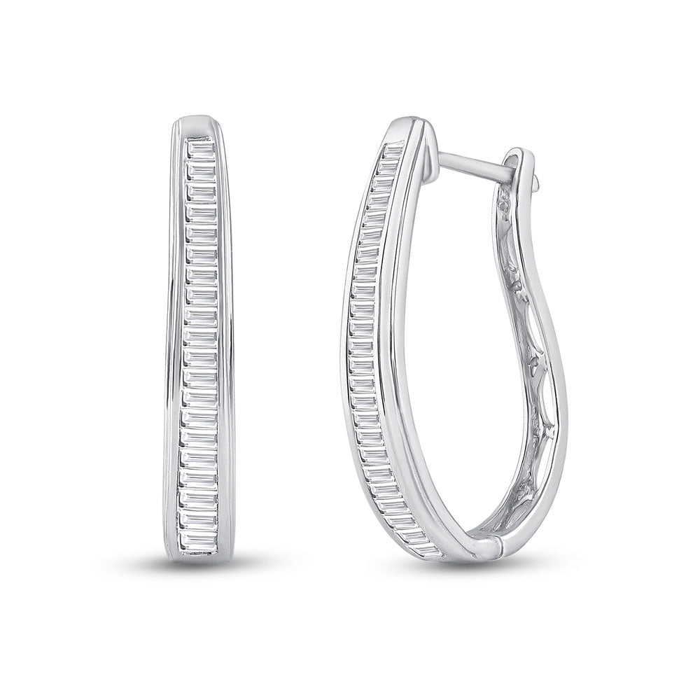 14kt White Gold Womens Baguette Diamond Hoop Earrings 1 Cttw