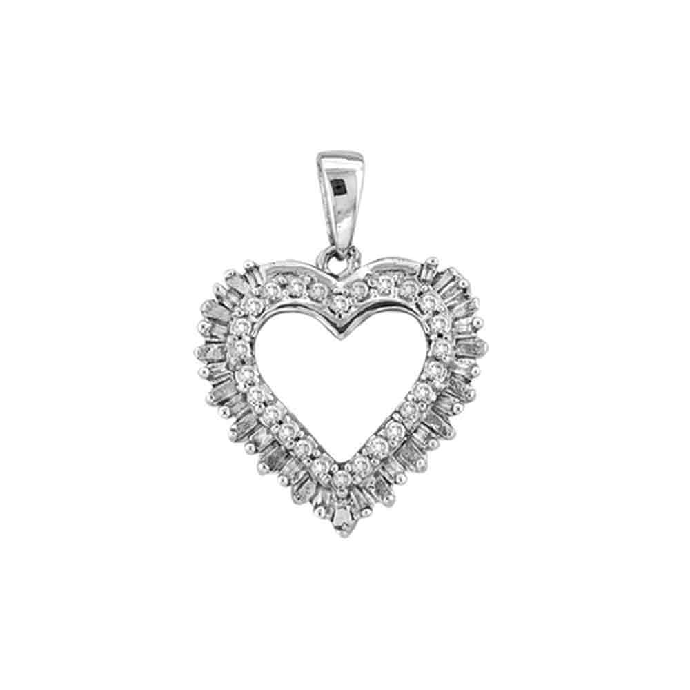 14kt White Gold Womens Round Baguette Diamond Heart Frame Outline Pendant 1/4 Cttw