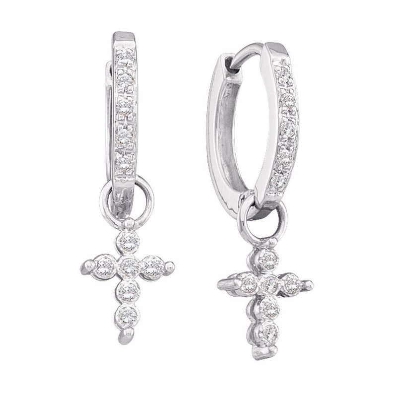 10kt White Gold Womens Round Diamond Cross Dangle Hoop Earrings 1/10 Cttw