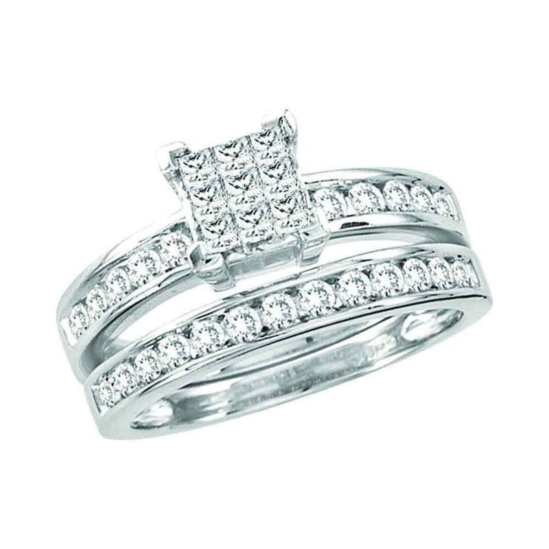 14kt White Gold Princess Diamond Cluster Bridal Wedding Ring Band Set 1 Cttw