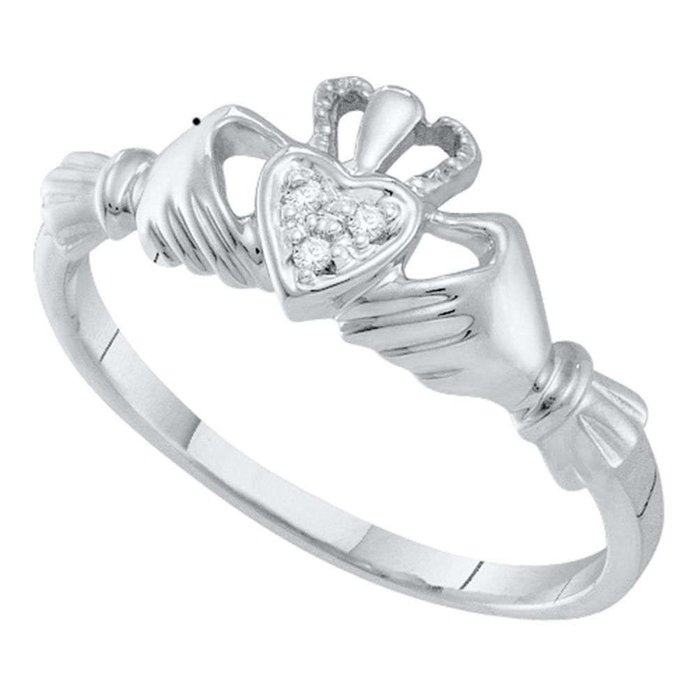 14kt White Gold Womens Round Diamond Claddagh Heart Ring .02 Cttw