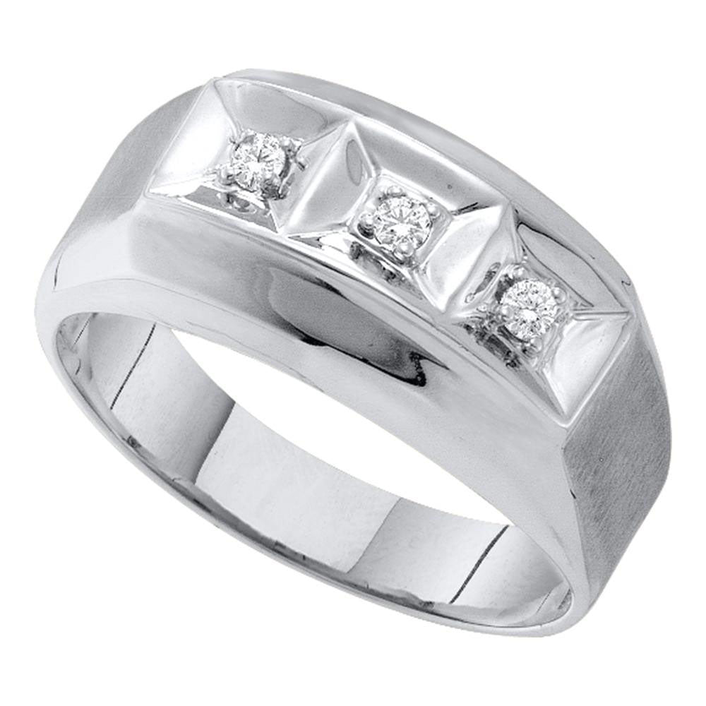 10k White Gold Mens Round 3-stone Diamond Brushed-Satin Wedding Band 1/10 Cttw