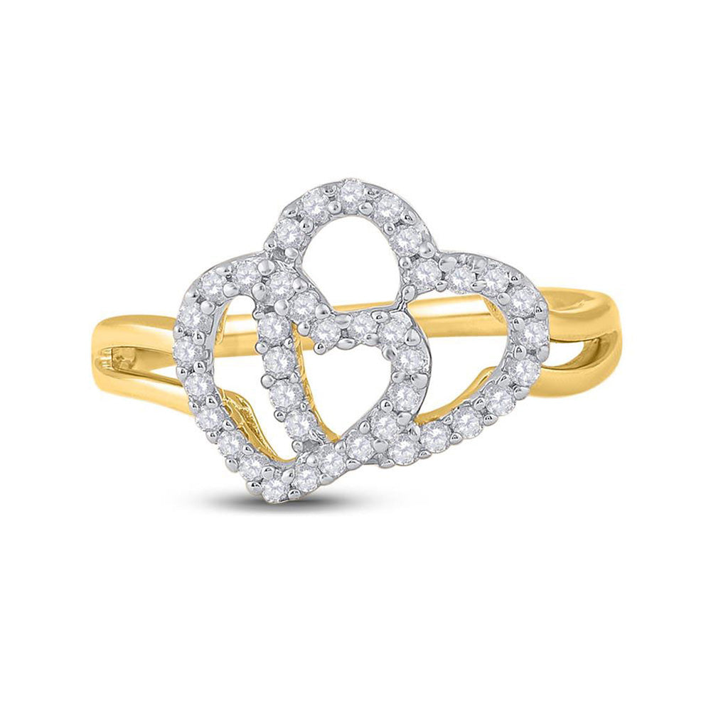 14kt Yellow Gold Womens Round Diamond Double Heart Ring 1/4 Cttw