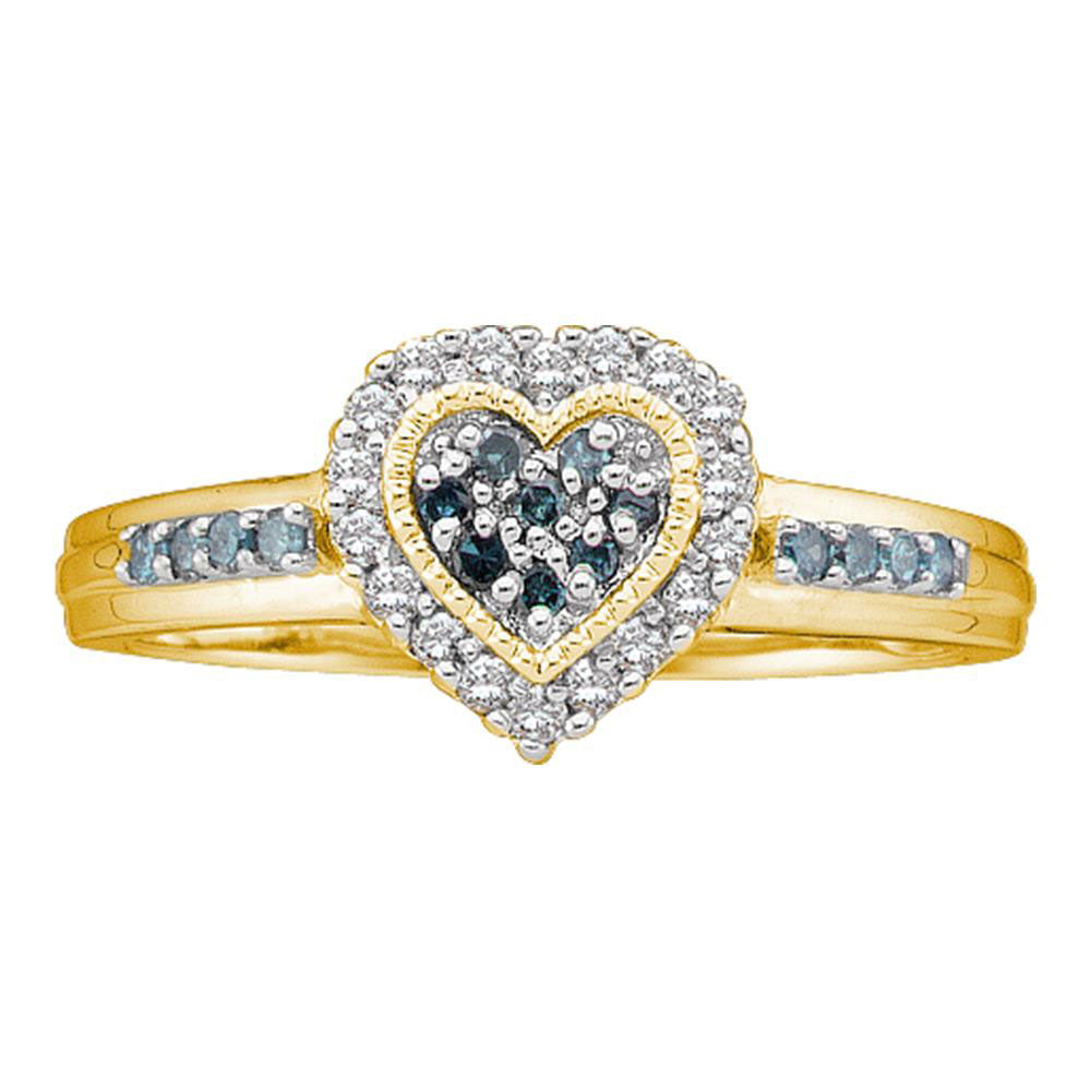 10kt Yellow Gold Womens Round Blue Color Enhanced Diamond Heart Cluster Ring 1/4 Cttw