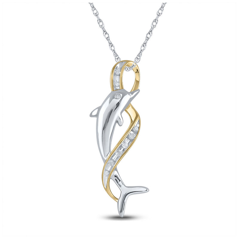 10kt Two-tone Gold Womens Round Diamond Dolphin Pendant 1/20 Cttw