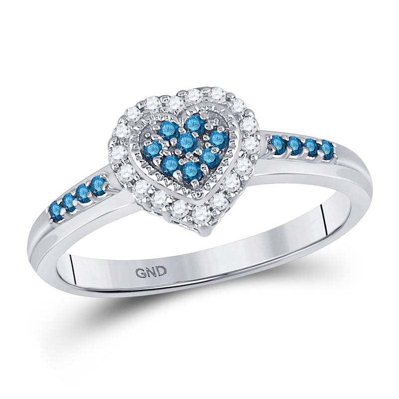 14kt White Gold Womens Round Blue Color Enhanced Diamond Heart Cluster Ring 1/4 Cttw