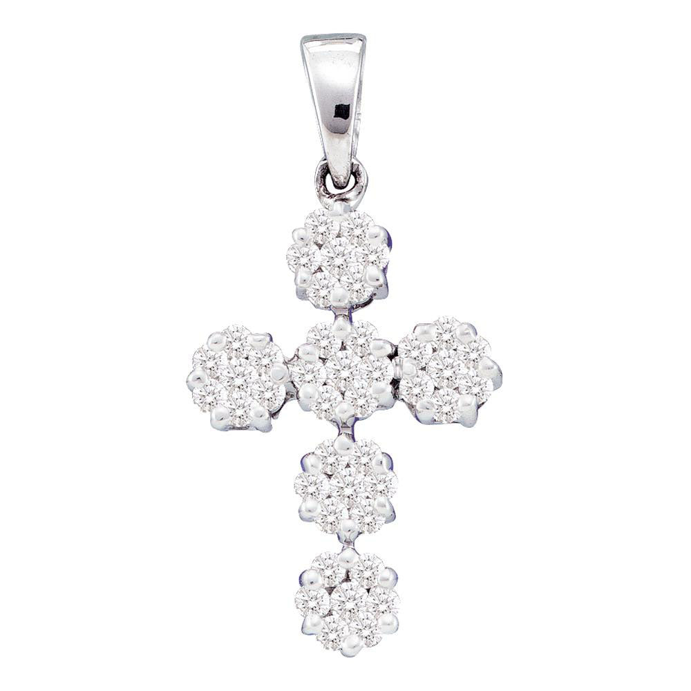 14kt White Gold Womens Round Diamond Cluster Cross Religious Pendant 1/2 Cttw