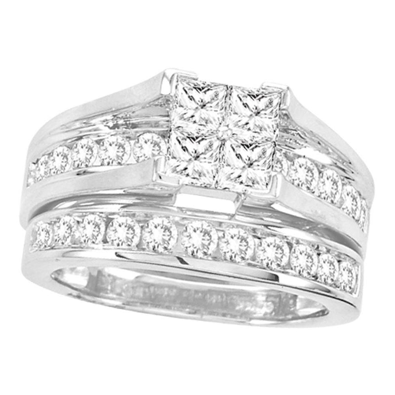 14kt White Gold Princess Diamond Bridal Wedding Ring Band Set 2 Cttw