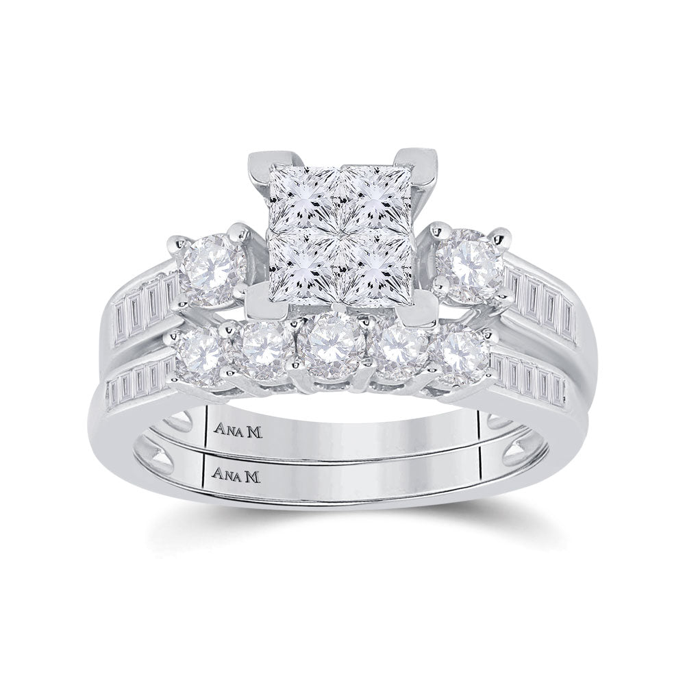 14kt White Gold Princess Diamond Bridal Wedding Ring Band Set 1-1/2 Cttw