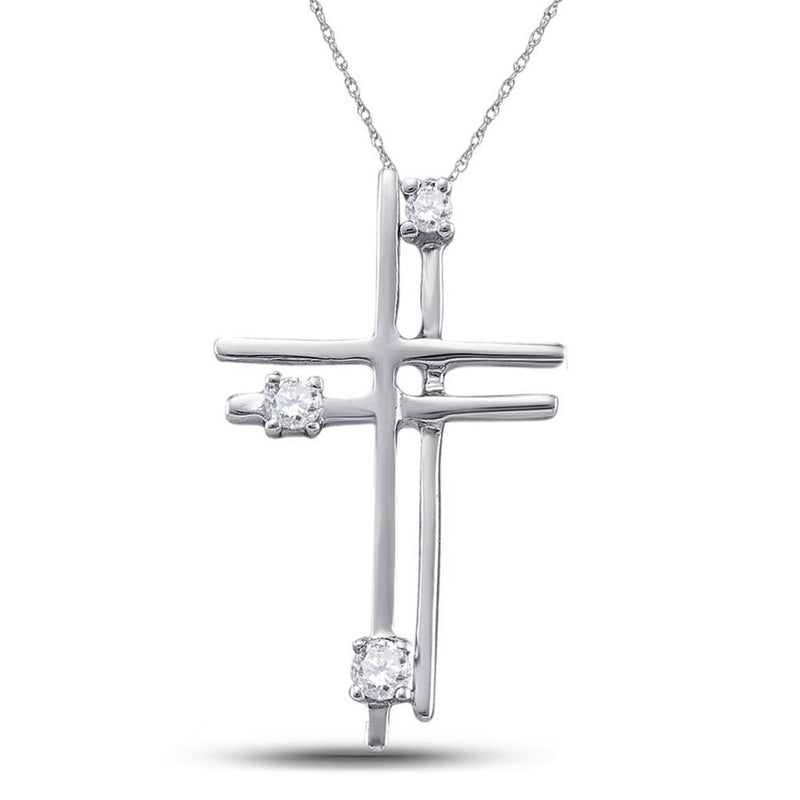 14kt White Gold Womens Round Diamond Layered Cross Religious Pendant 1/20 Cttw