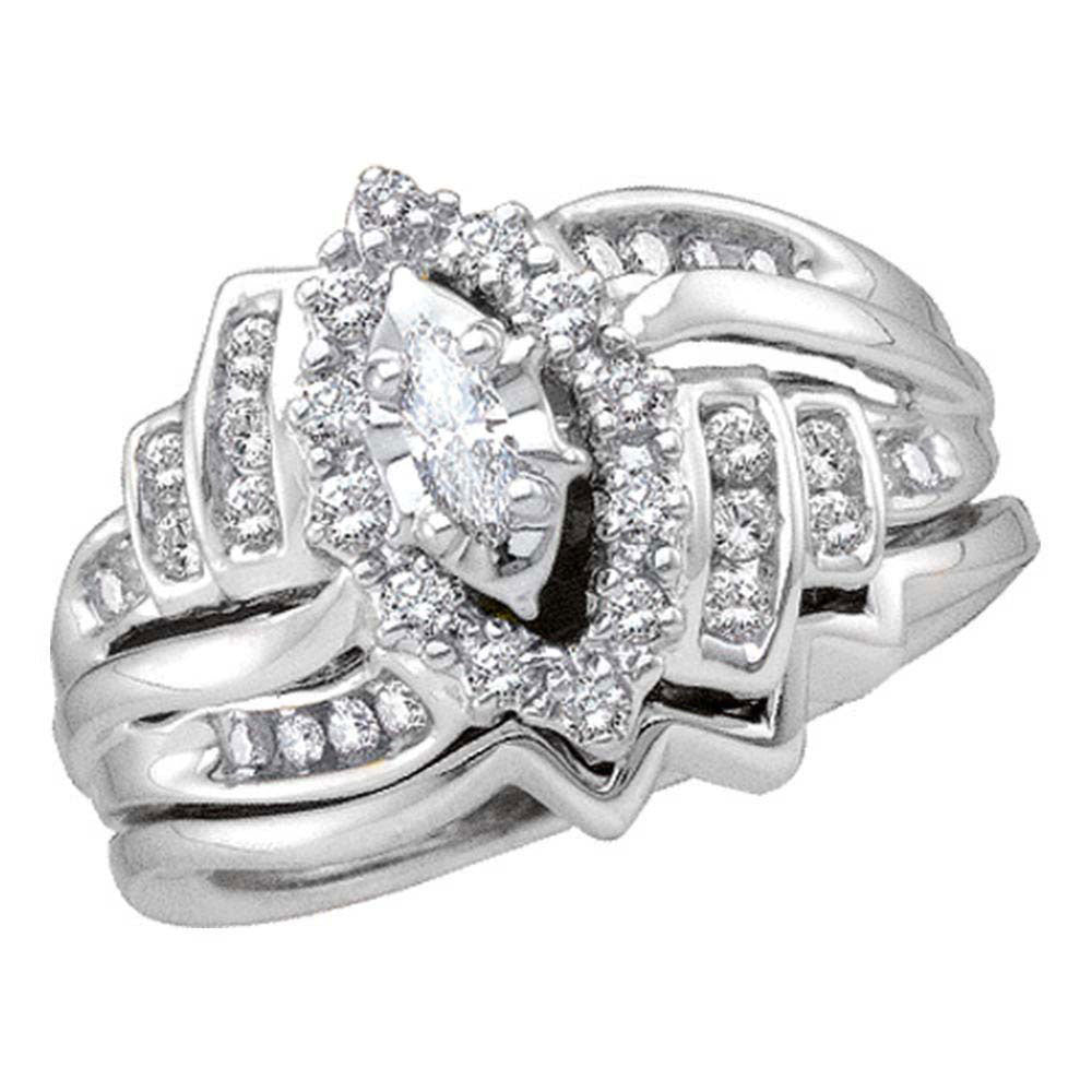 14kt White Gold Marquise Diamond Bridal Wedding Ring Band Set 1/2 Cttw