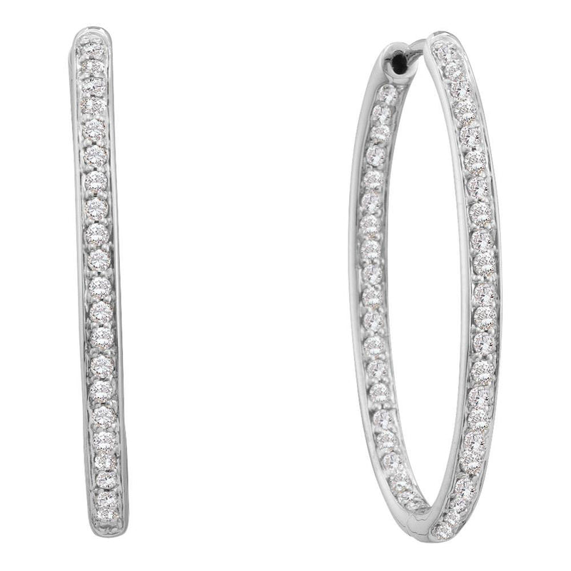 14kt White Gold Womens Round Diamond Oblong Inside Outside Endless Hoop Earrings 1 Cttw