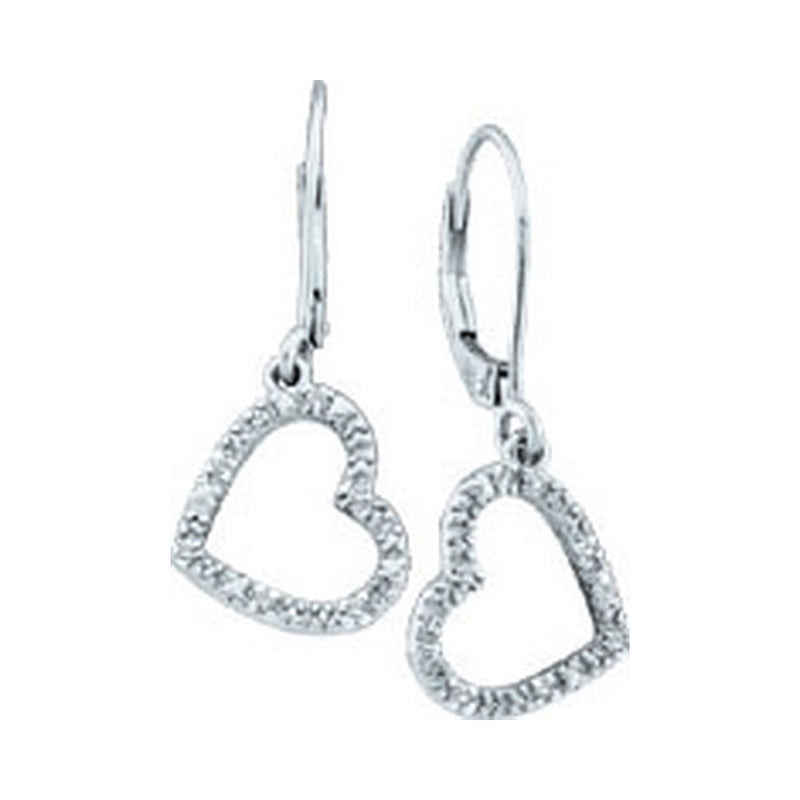 10kt White Gold Womens Round Diamond Heart Dangle Earrings 1/20 Cttw