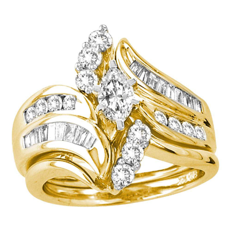 14kt Yellow Gold Marquise Diamond Bridal Wedding Ring Band Set 1-1/2 Cttw