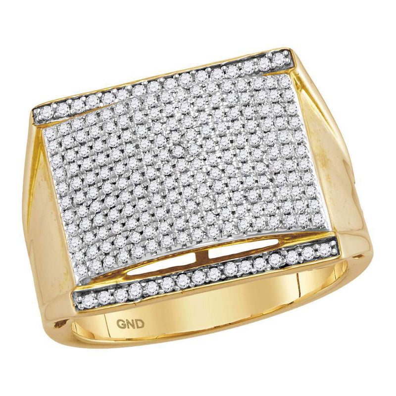 10kt Yellow Gold Mens Round Pave-set Diamond Rectangle Convex Cluster Ring 7/8 Cttw