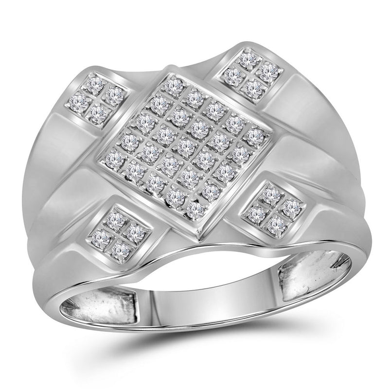 10kt White Gold Mens Round Diamond Diagonal Square Cluster Ring 1/3 Cttw