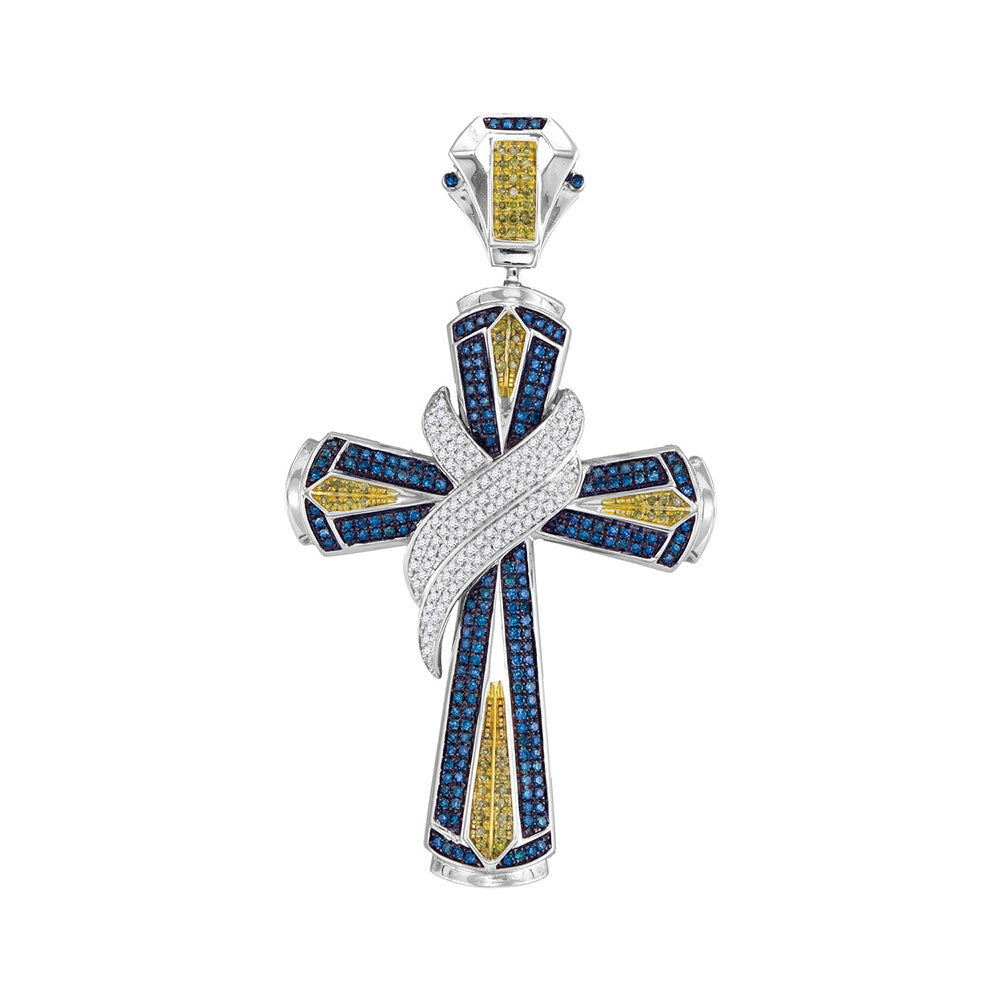 10kt White Gold Mens Round Blue Color Enhanced Diamond Bound Cross Charm Pendant 1-5/8 Cttw