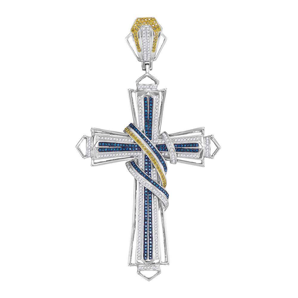 10kt White Gold Mens Round Blue Color Enhanced Diamond Cross Charm Pendant 1-5/8 Cttw