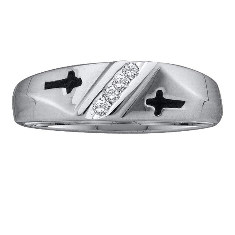 14kt White Gold Mens Round Diamond Single Row Cross Wedding Band 1/20 Cttw