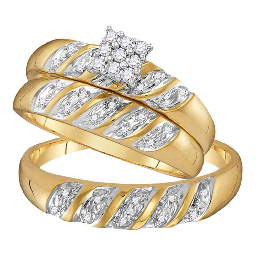 14kt Yellow Gold His Hers Round Diamond Cluster Matching Wedding Set 1/10 Cttw