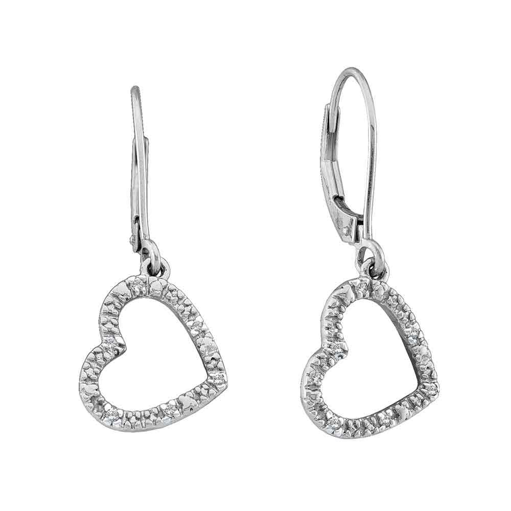 14kt White Gold Womens Round Diamond Heart Dangle Earrings 1/20 Cttw