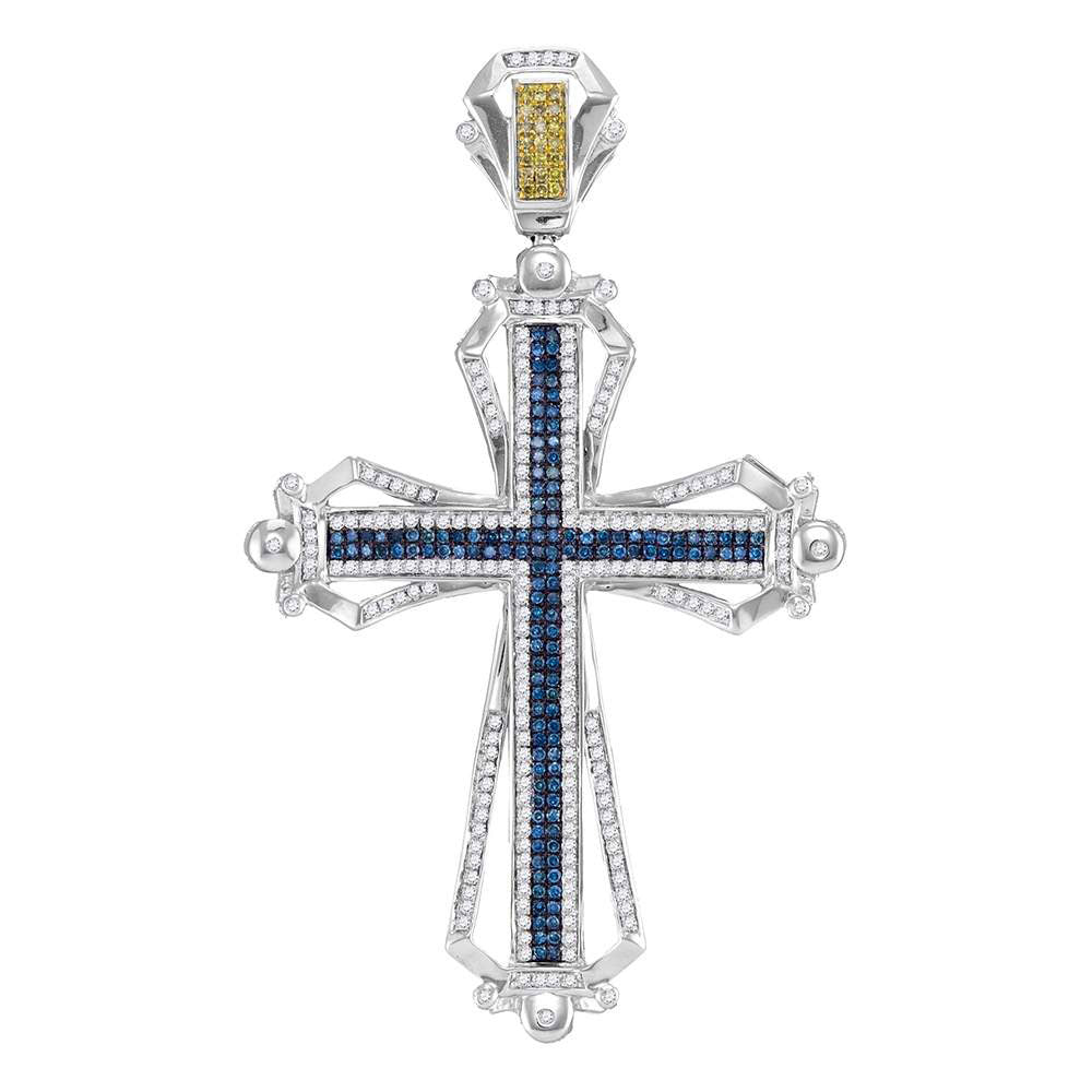 10kt White Gold Mens Round Blue Color Enhanced Diamond Cross Charm Pendant 1-1/5 Cttw