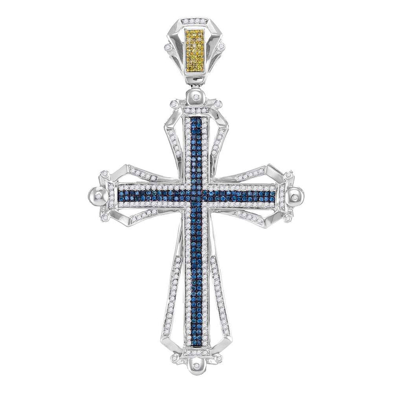 10kt White Gold Mens Round Blue Color Enhanced Diamond Cross Charm Pendant 1-1/5 Cttw