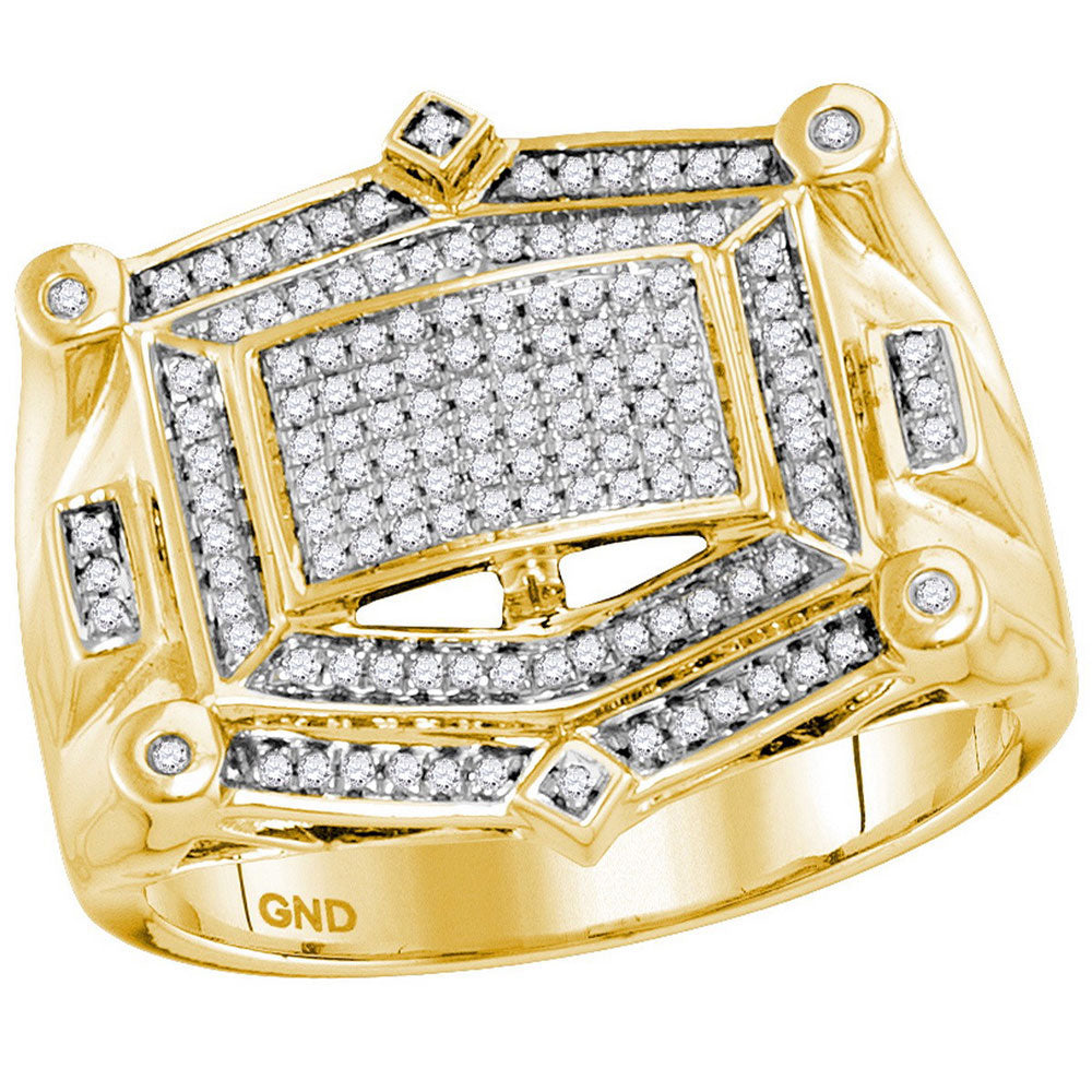 10kt Yellow Gold Mens Round Diamond Rectangle Cluster Studded Ring 1/2 Cttw