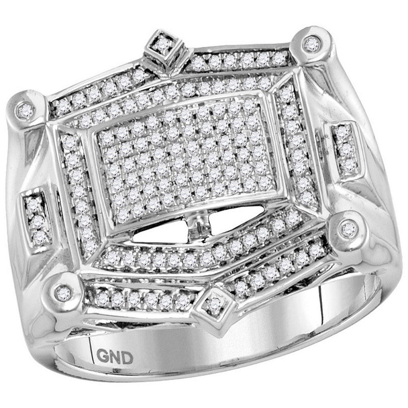 10kt White Gold Mens Round Diamond Rectangle Cluster Studded Ring 1/2 Cttw