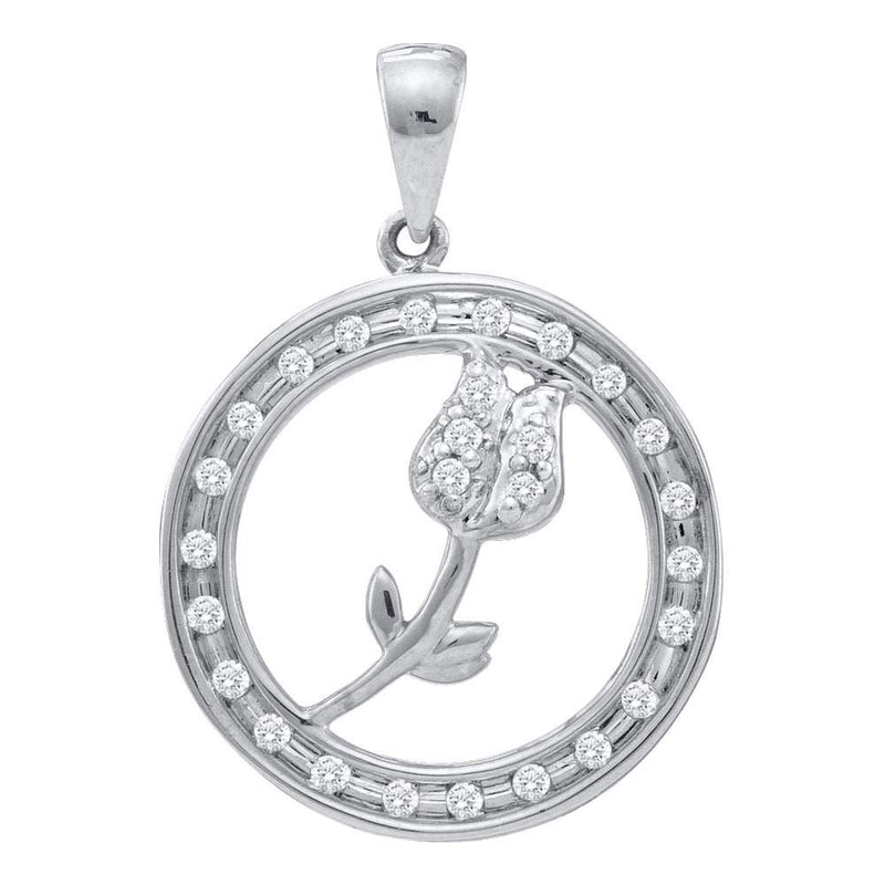 10kt White Gold Womens Round Diamond Circle Rose Flower Pendant 1/6 Cttw