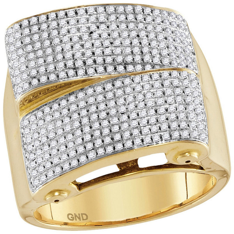 10kt Yellow Gold Mens Round Pave-set Diamond Rectangle Cluster Ring 1 Cttw