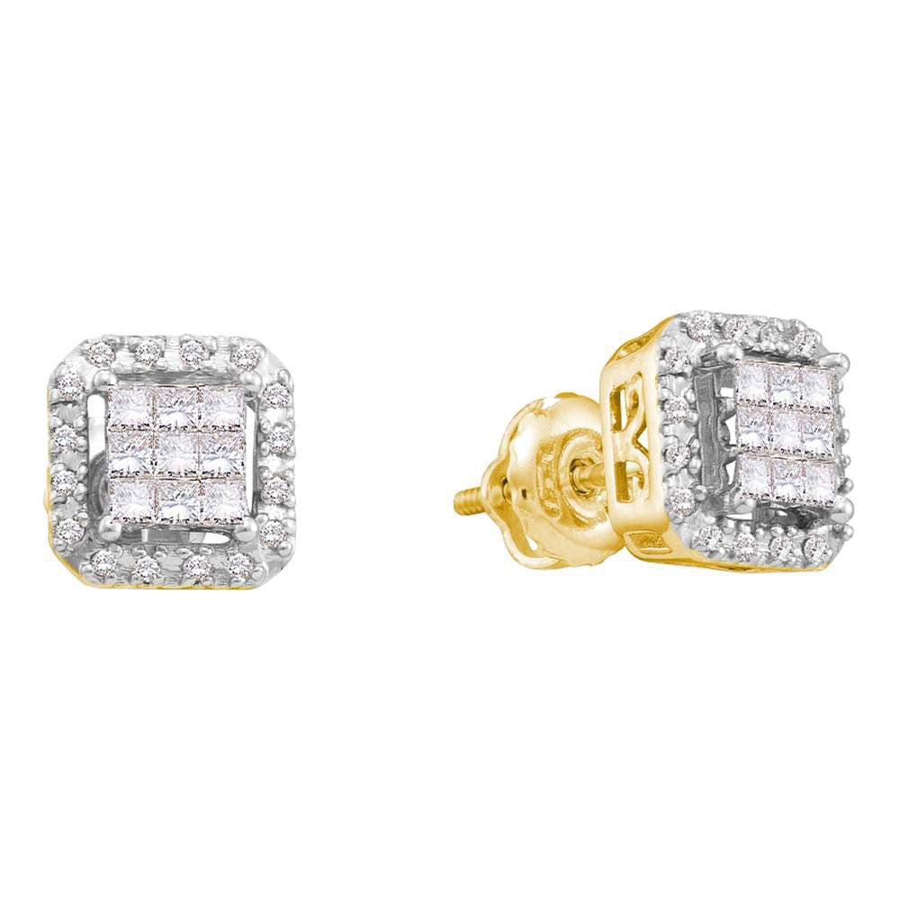 14kt Yellow Gold Womens Princess Diamond Square Frame Cluster Earrings 1/3 Cttw