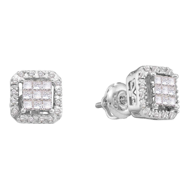 14kt White Gold Womens Princess Diamond Square Frame Cluster Earrings 1/3 Cttw