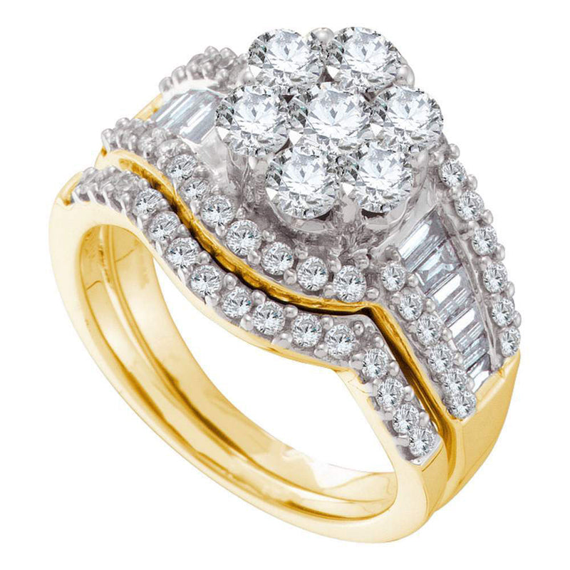 14kt Yellow Gold Round Diamond Cluster Bridal Wedding Ring Band Set 2 Cttw