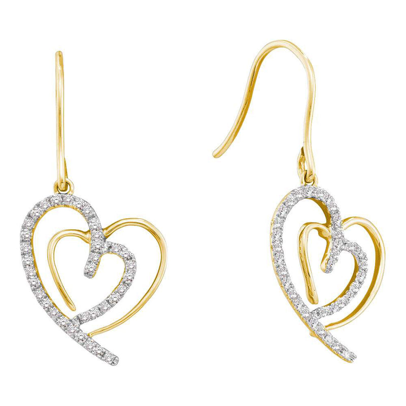 10kt Yellow Gold Womens Round Diamond Heart Dangle Wire Earrings 3/8 Cttw