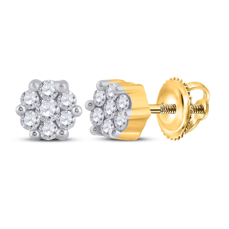 10kt Yellow Gold Womens Round Diamond Flower Cluster Earrings 1/6 Cttw