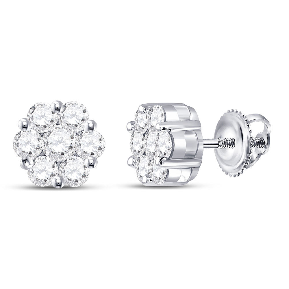 14kt White Gold Womens Round Diamond Flower Cluster Earrings 1 Cttw