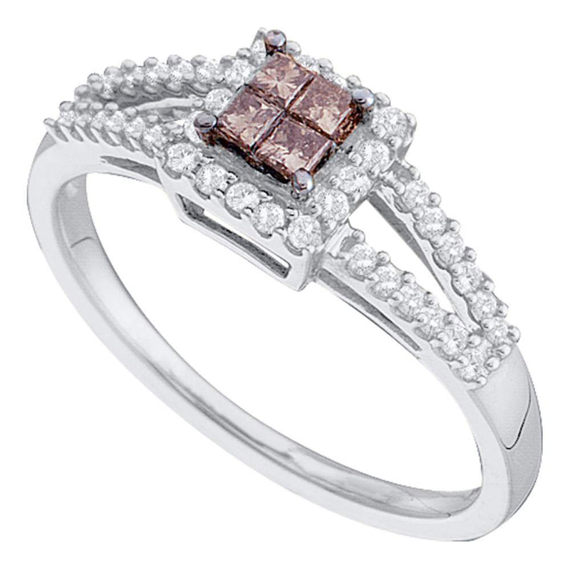 14kt White Gold Womens Princess Brown Diamond Square Fashion Ring 1/3 Cttw