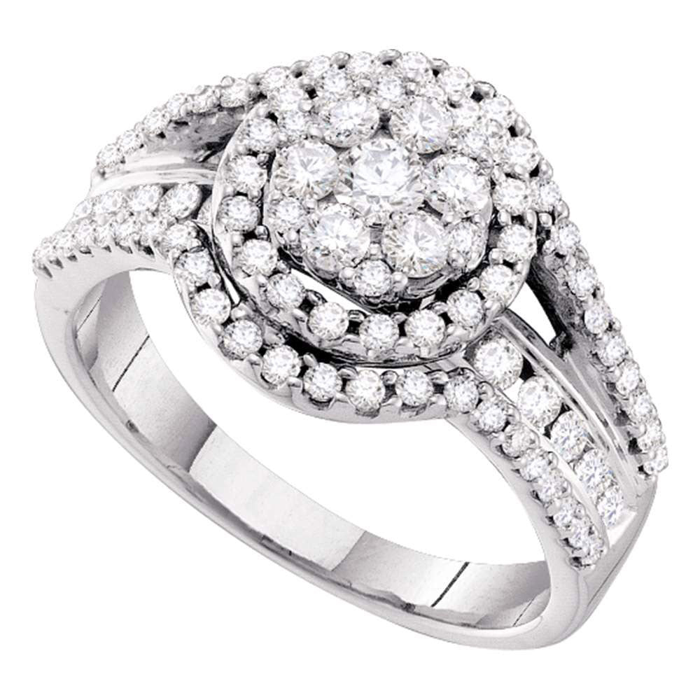 14kt White Gold Womens Round Diamond Framed Flower Cluster Cocktail Ring 1 Cttw