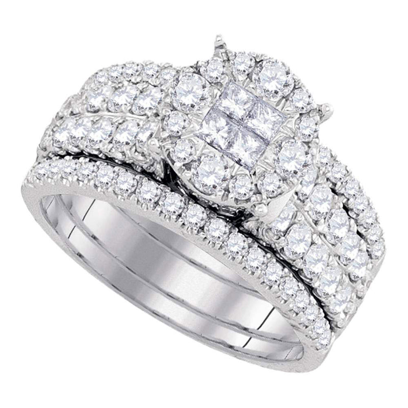 14kt White Gold Princess Diamond Bridal Wedding Ring Band Set 1-1/2 Cttw