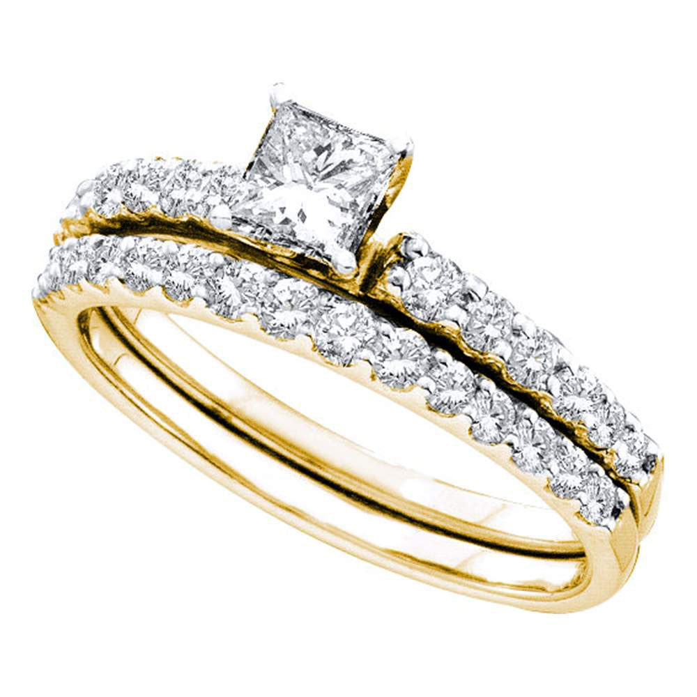 14kt Yellow Gold Princess Diamond Bridal Wedding Ring Band Set 1 Cttw