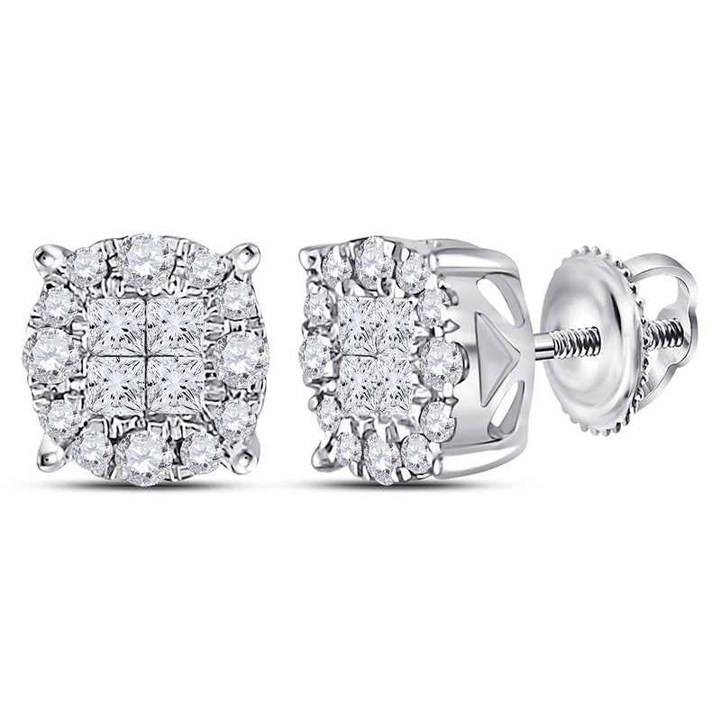 14kt White Gold Womens Princess Diamond Fashion Cluster Earrings 1/2 Cttw