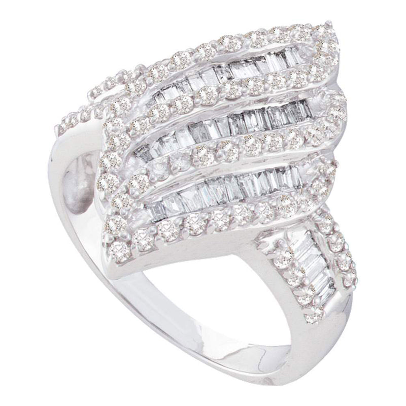 14kt White Gold Womens Round Baguette Diamond Oval Stripe Cluster Ring 1 Cttw