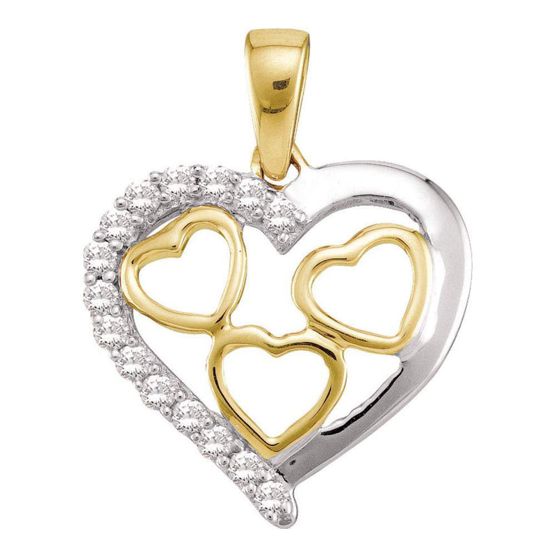 10kt Yellow Gold Womens Round Diamond Two-tone Nested Heart Pendant 1/5 Cttw